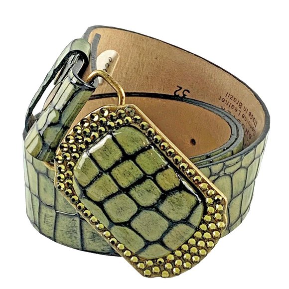 BRIDGET SHUSTER Olive Green Leather Belt‎ Brass Swarovski Crystal Buckle